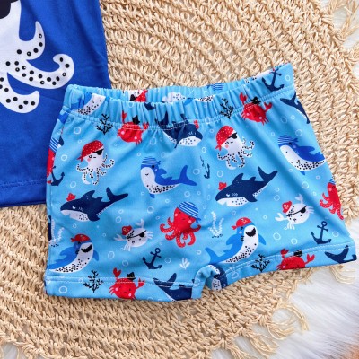 Linha Praia - Camiseta com Proteção UV50+ e Sunga - Polvo Pirata - Azul Claro e Marinho